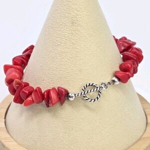 Sterling Silver Chunky Southwest Red Agate Bead Nugget Toggle‎ Bracelet 7"